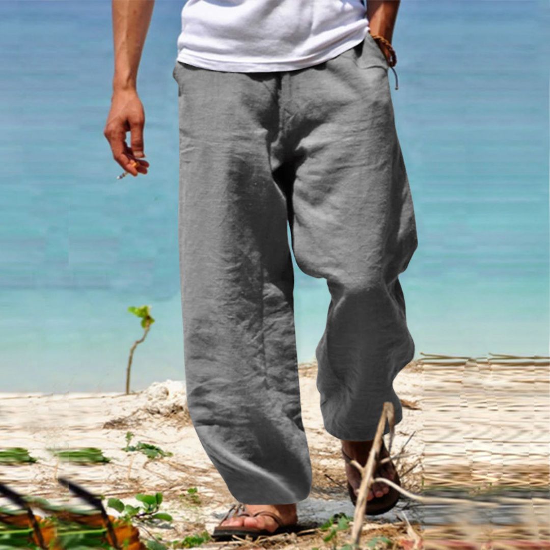 "Men's Linen Drawstring Beach Pants, relaxed fit, premium linen, beige color, perfect for summer, casual outings"