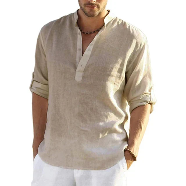 "Men's linen shirt, lightweight, long sleeve, casual, solid color, breathable fabric, elegant design for summer comfort."