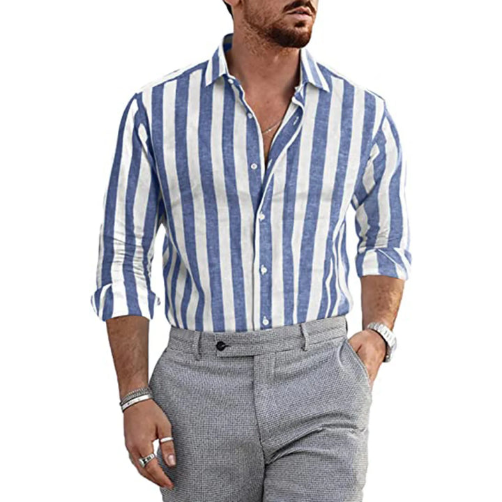"Men's linen shirt, long sleeve, stripe pattern, lightweight and breathable, perfect for summer casual and smart looks."