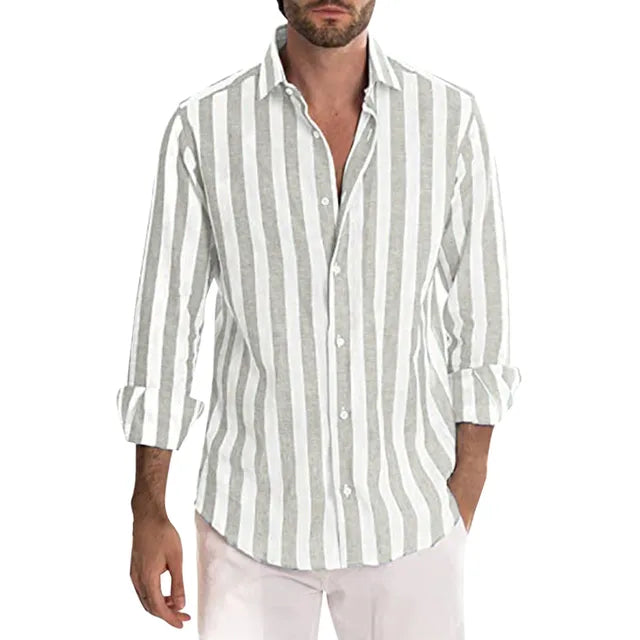"Men's linen shirt, long sleeve, stripe pattern, lightweight and breathable, perfect for summer casual and smart looks."