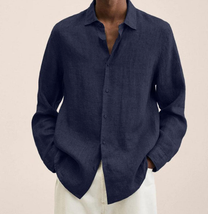 "Men's linen shirt with a breathable, comfortable fit, shown in a smart-casual style, ideal for versatile occasions."
