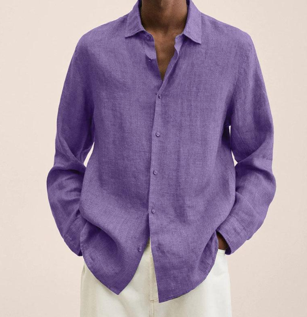 "Men's linen shirt with a breathable, comfortable fit, shown in a smart-casual style, ideal for versatile occasions."