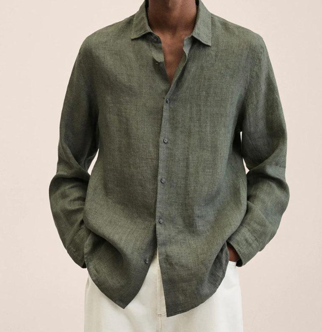 "Men's linen shirt with a breathable, comfortable fit, shown in a smart-casual style, ideal for versatile occasions."