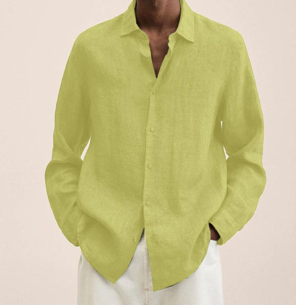 "Men's linen shirt with a breathable, comfortable fit, shown in a smart-casual style, ideal for versatile occasions."
