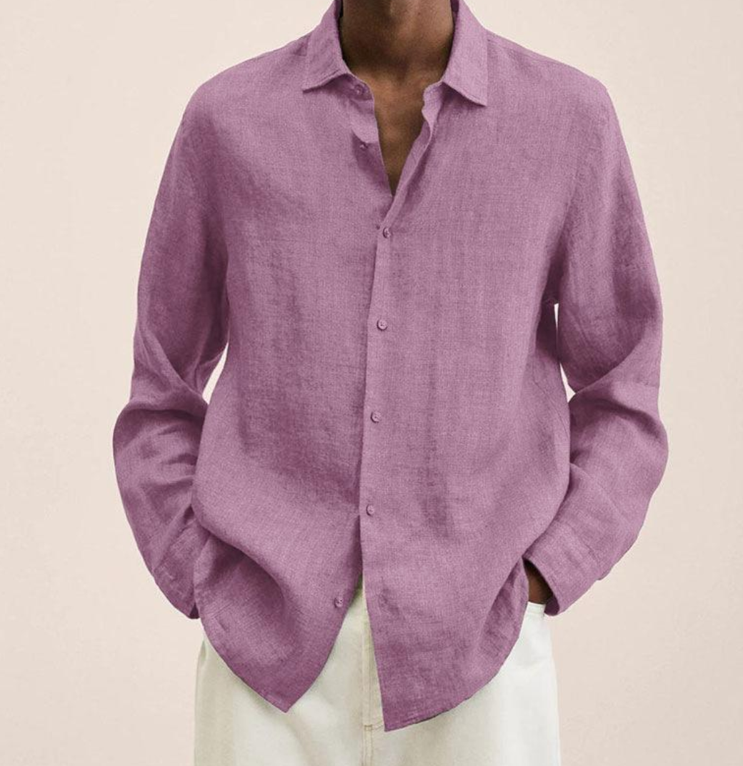 "Men's linen shirt with a breathable, comfortable fit, shown in a smart-casual style, ideal for versatile occasions."