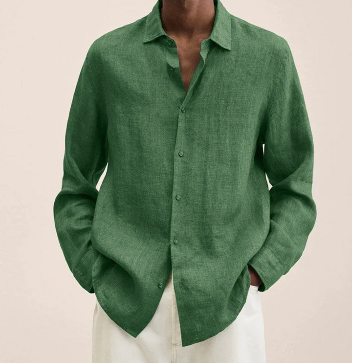 "Men's linen shirt with a breathable, comfortable fit, shown in a smart-casual style, ideal for versatile occasions."