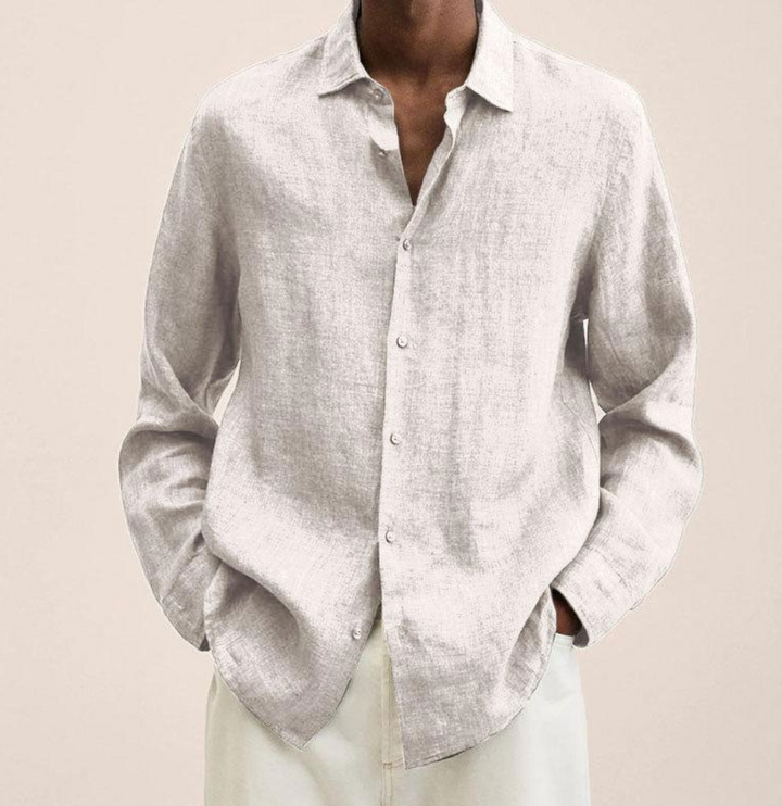 "Men's linen shirt with a breathable, comfortable fit, shown in a smart-casual style, ideal for versatile occasions."