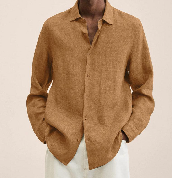 "Men's linen shirt with a breathable, comfortable fit, shown in a smart-casual style, ideal for versatile occasions."