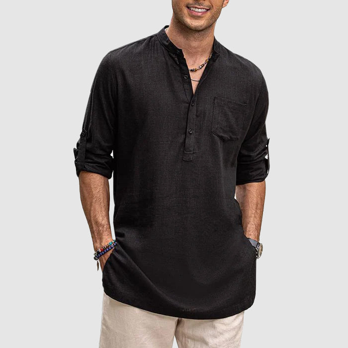 "Men's long sleeve Henley shirt with roll-up sleeves, chest pocket, and classic neckline, front view."
