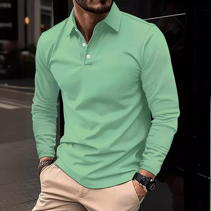 Men's long sleeve polo shirt, classic design, structured fit, versatile colors, perfect for smart-casual settings.