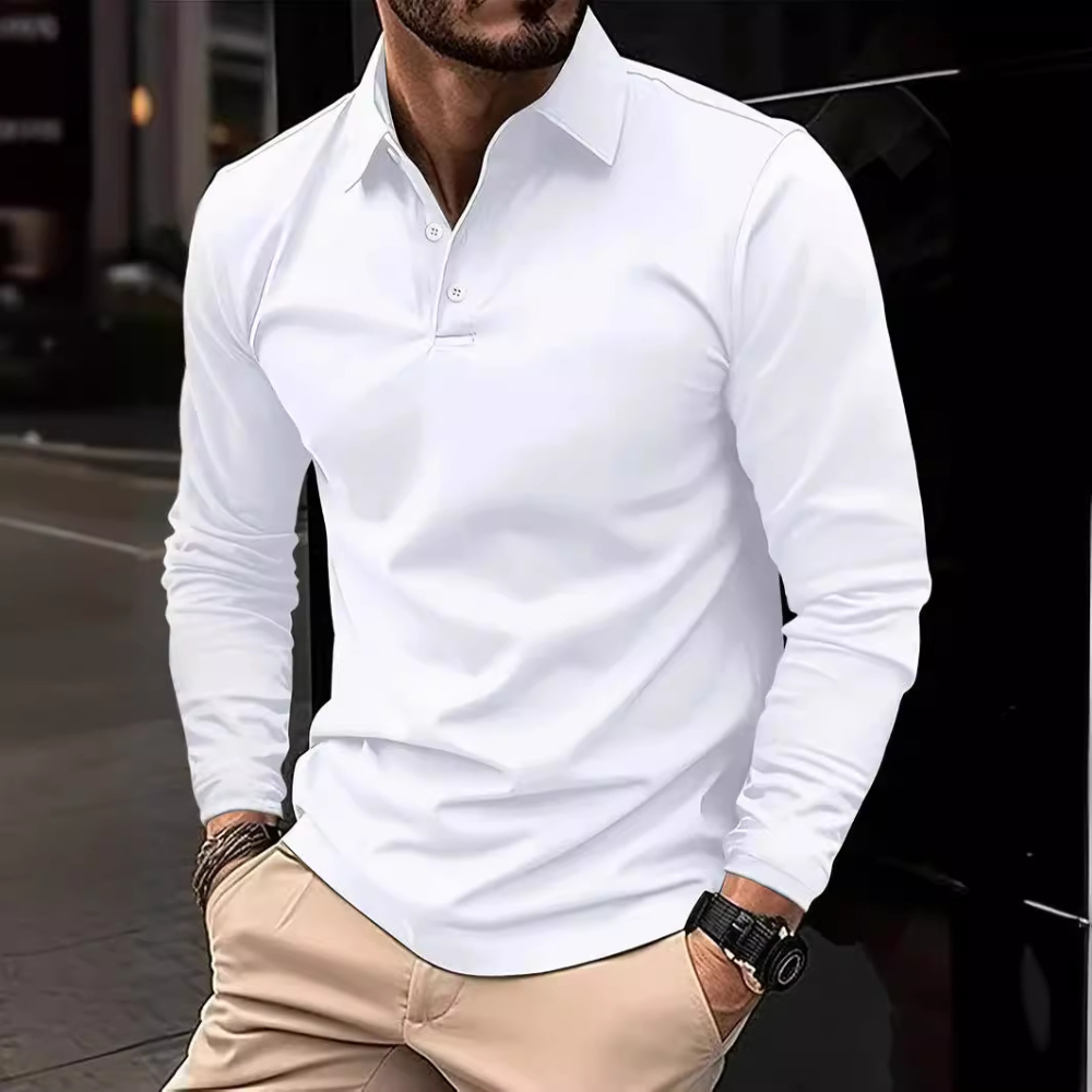 Men's long sleeve polo shirt, classic design, structured fit, versatile colors, perfect for smart-casual settings.