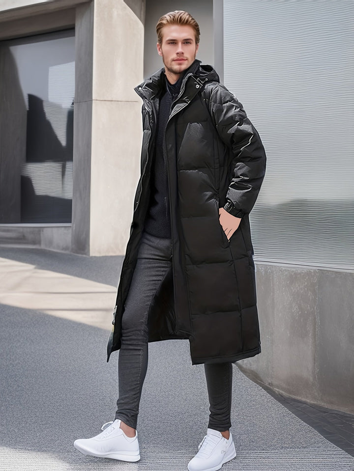 "Men's long winter jacket, padded, loose fit, zip design, solid color, full coverage, winter outerwear, high-quality fabric"
