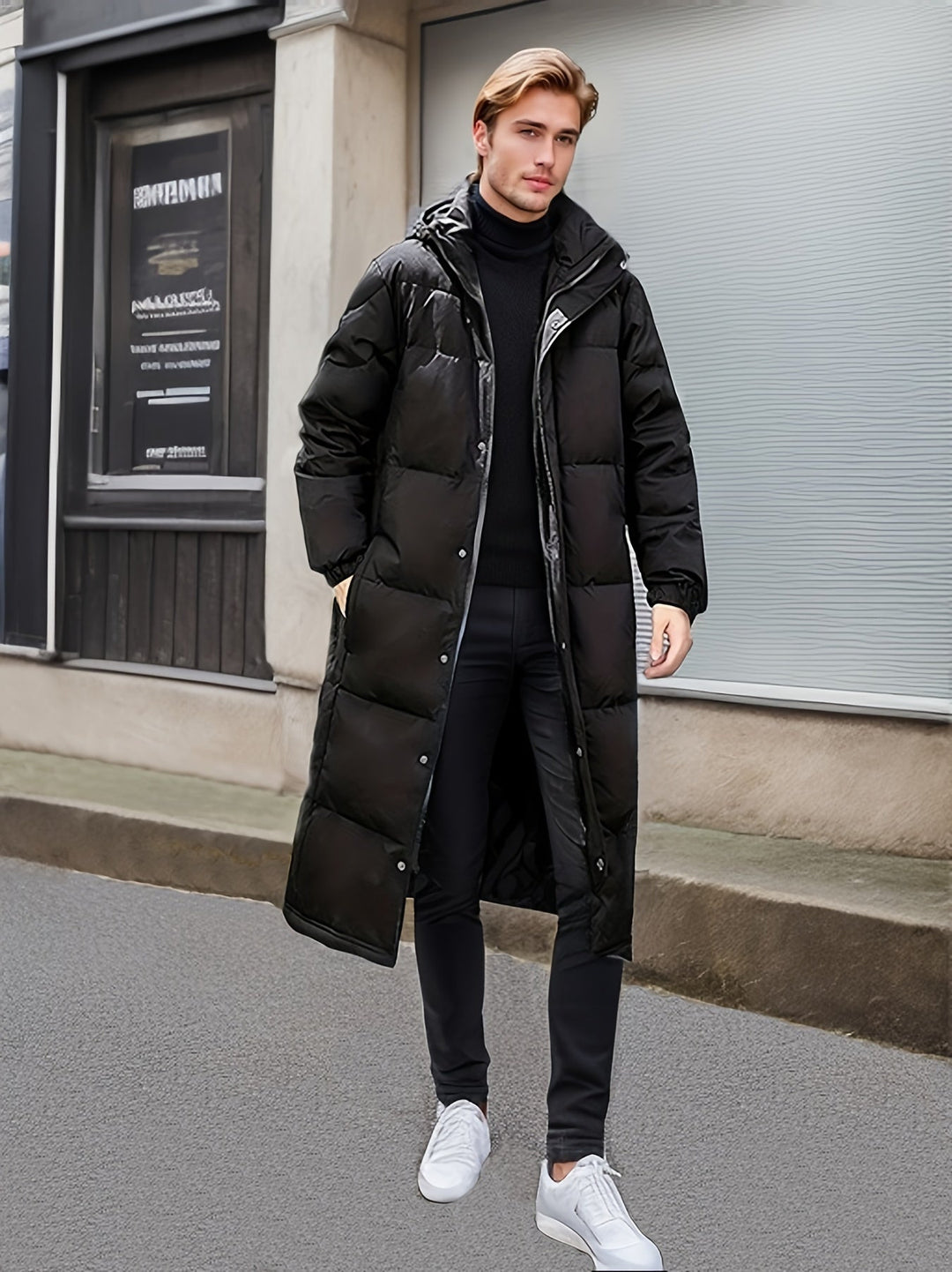 "Men's long winter jacket, padded, loose fit, zip design, solid color, full coverage, winter outerwear, high-quality fabric"