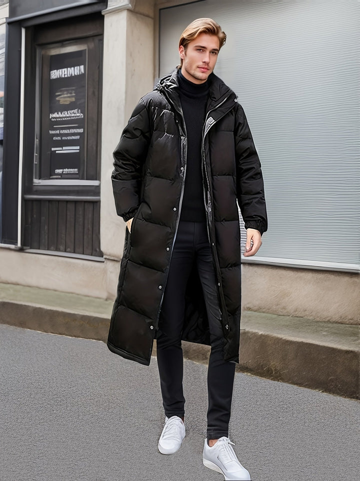 "Men's long winter jacket, padded, loose fit, zip design, solid color, full coverage, winter outerwear, high-quality fabric"