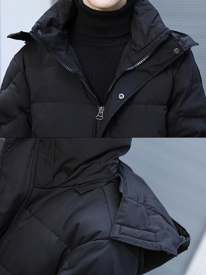 "Men's long winter jacket, padded, loose fit, zip design, solid color, full coverage, winter outerwear, high-quality fabric"