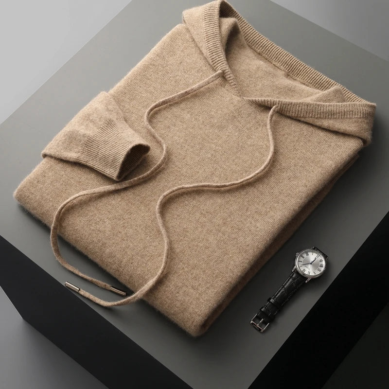 "Men's luxury cashmere hoodie with adjustable hood, slim fit, ribbed cuffs, in versatile colors, soft and breathable."
