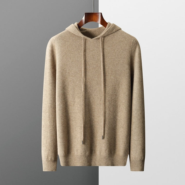 "Men's luxury cashmere hoodie with adjustable hood, slim fit, ribbed cuffs, in versatile colors, soft and breathable."