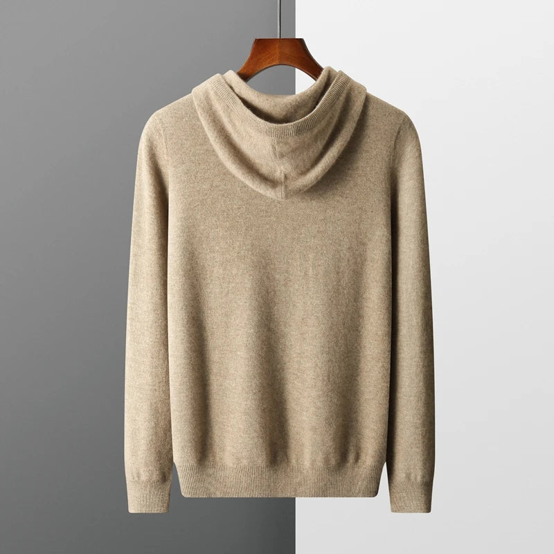 "Men's luxury cashmere hoodie with adjustable hood, slim fit, ribbed cuffs, in versatile colors, soft and breathable."