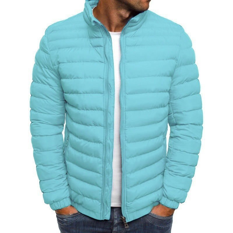Men's luxury down puffer jacket, navy with stand collar, offering stylish warmth and tailored fit for winter fashion.