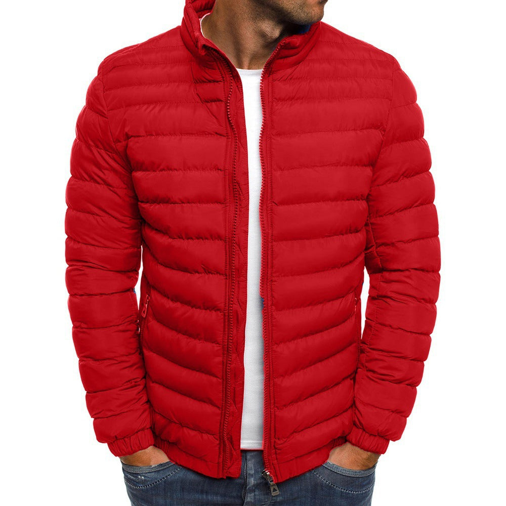 Men's luxury down puffer jacket, navy with stand collar, offering stylish warmth and tailored fit for winter fashion.