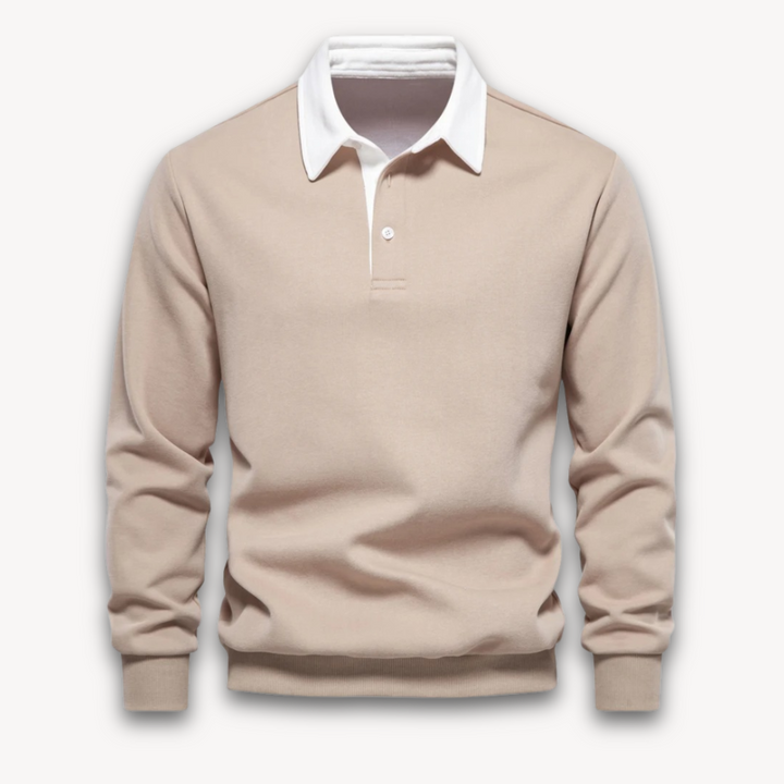 "Men's navy cotton long-sleeve polo sweater with classic design and contrasting collar, perfect for casual or formal wear."