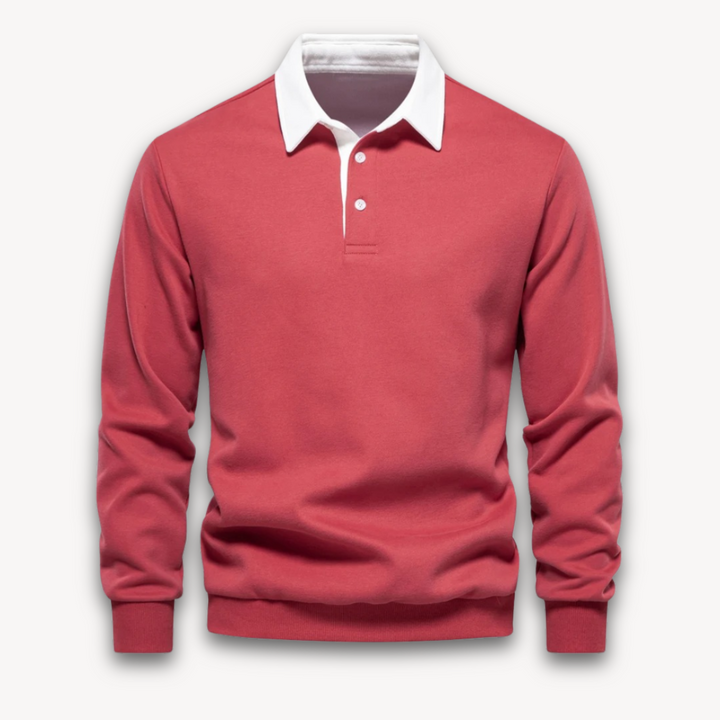 "Men's navy cotton long-sleeve polo sweater with classic design and contrasting collar, perfect for casual or formal wear."