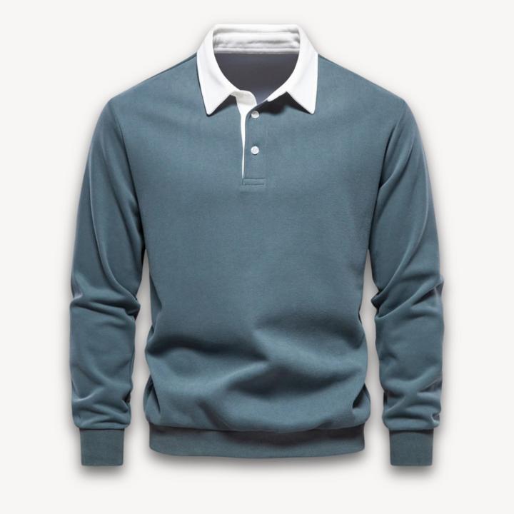 "Men's navy cotton long-sleeve polo sweater with classic design and contrasting collar, perfect for casual or formal wear."