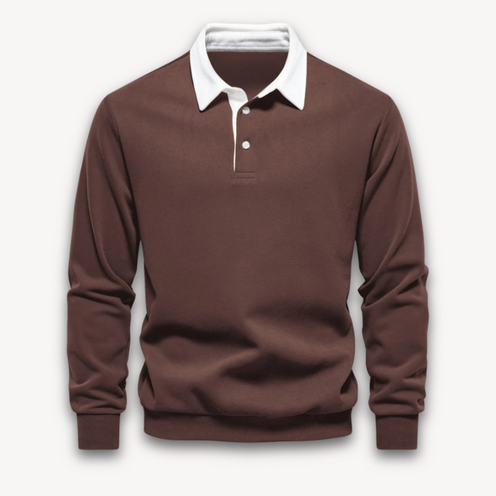 "Men's navy cotton long-sleeve polo sweater with classic design and contrasting collar, perfect for casual or formal wear."