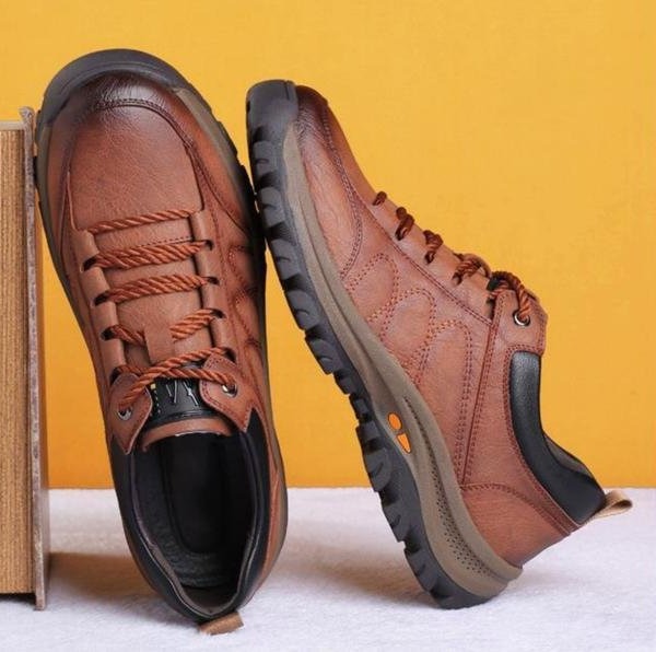 Lifestyle shot of men wearing brown orthopedic shoes