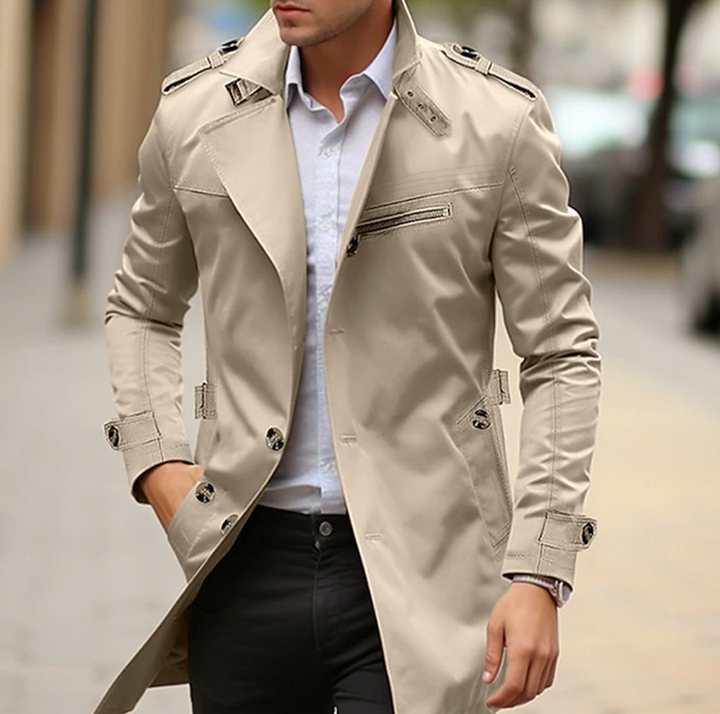 "Men's premium cotton trench coat, stylish spring outerwear, featuring sleek design and high-quality material, front view."
