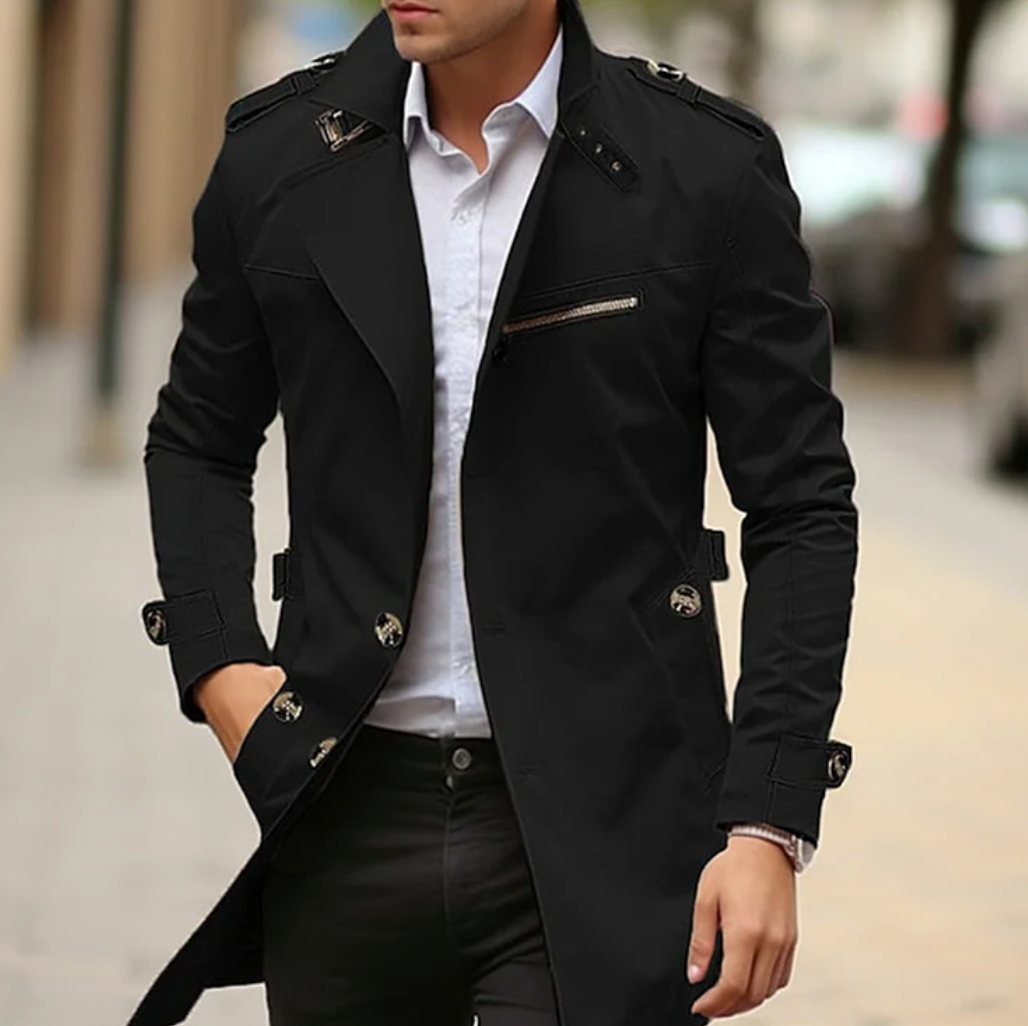 "Men's premium cotton trench coat, stylish spring outerwear, featuring sleek design and high-quality material, front view."