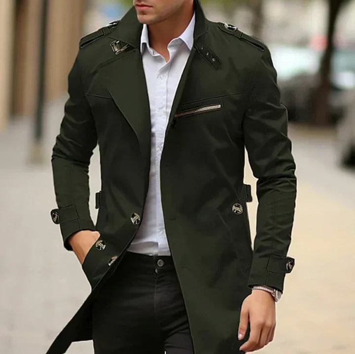 "Men's premium cotton trench coat, stylish spring outerwear, featuring sleek design and high-quality material, front view."