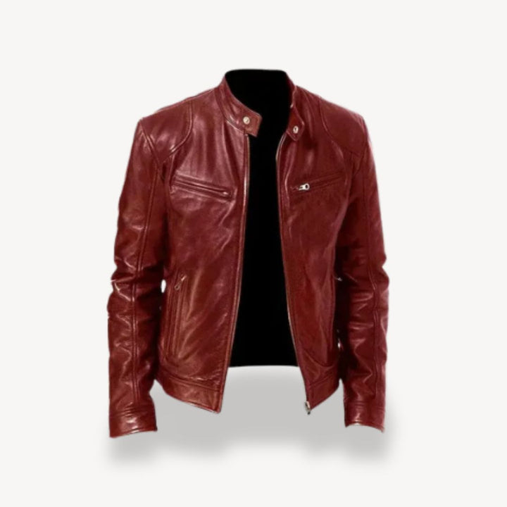 "Men’s premium leather biker jacket, zip-up style, front view, showcasing sleek design and quilted shoulders."
