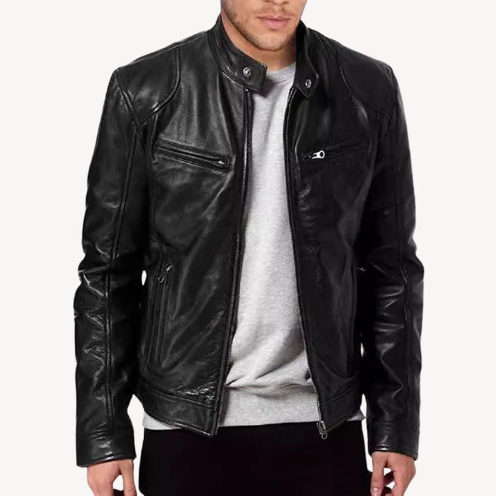 "Men’s premium leather biker jacket, zip-up style, front view, showcasing sleek design and quilted shoulders."
