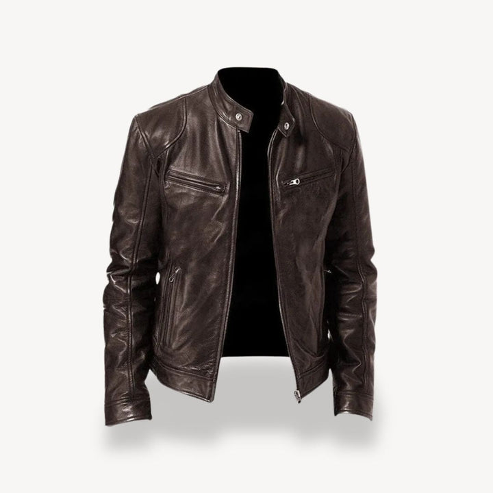 "Men’s premium leather biker jacket, zip-up style, front view, showcasing sleek design and quilted shoulders."