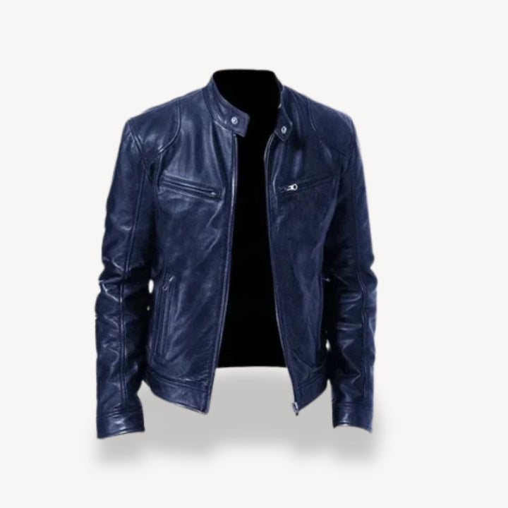 "Men’s premium leather biker jacket, zip-up style, front view, showcasing sleek design and quilted shoulders."