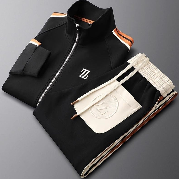 "Men's premium tracksuit set, sleek design, breathable gray fabric, ideal for workouts or lounging, modern comfortable fit"