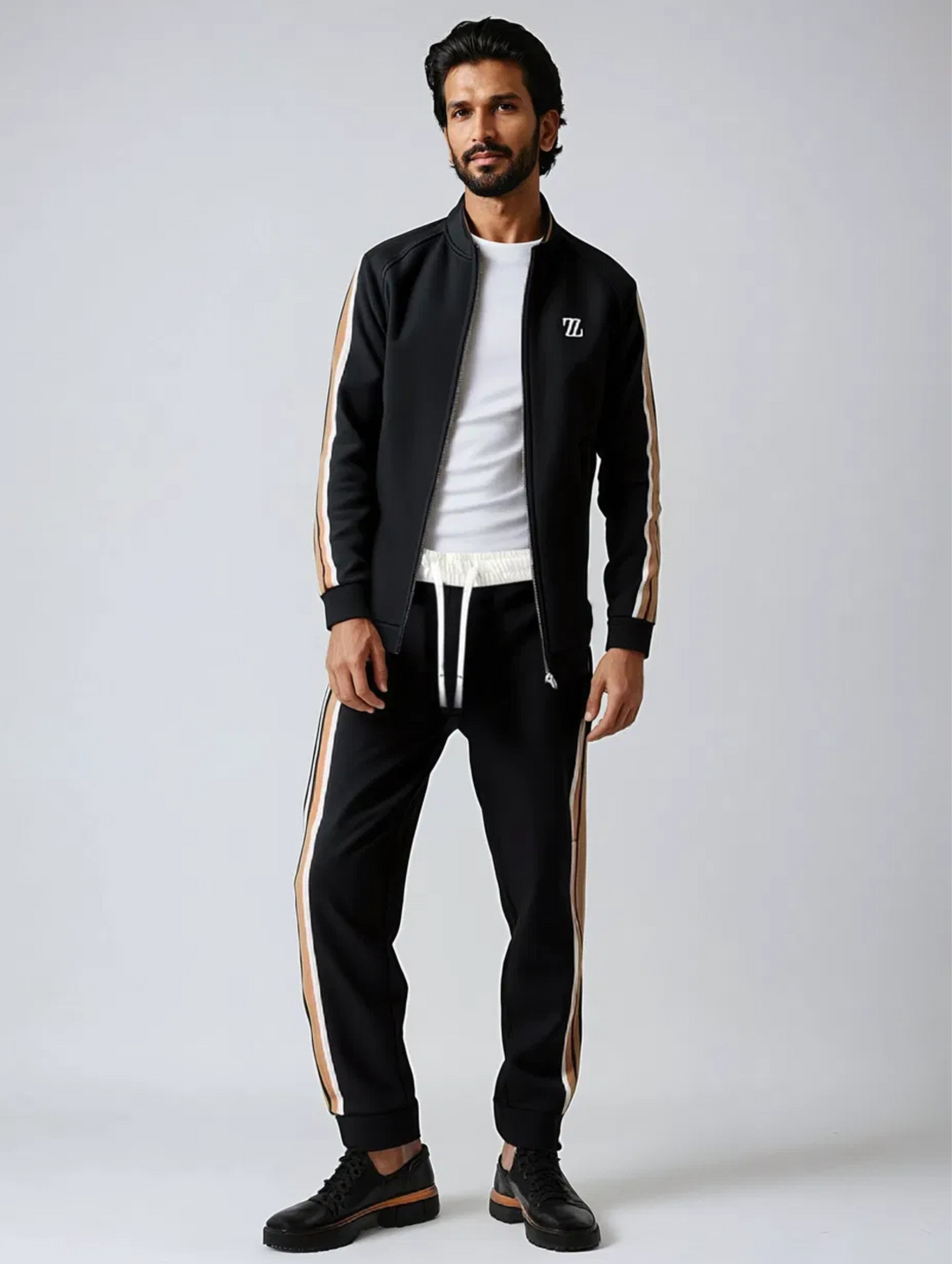 "Men's premium tracksuit set, sleek design, breathable gray fabric, ideal for workouts or lounging, modern comfortable fit"