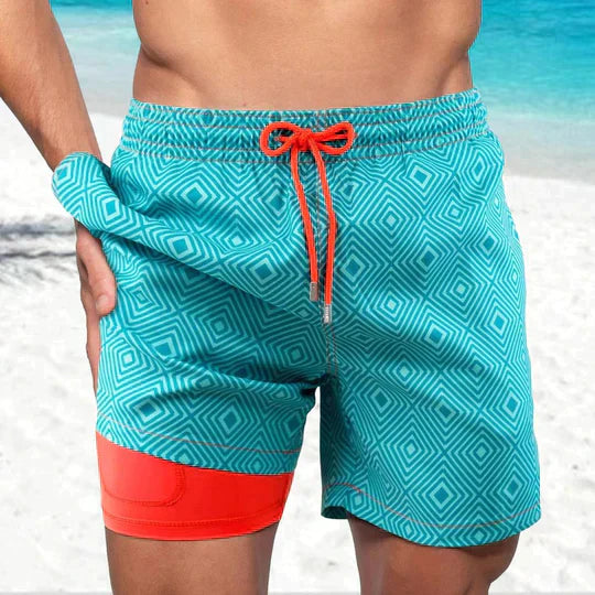 "Men's quick-dry swim shorts with inner compression, bold tropical print, two-tone detail, drawstring waist for secure fit."
