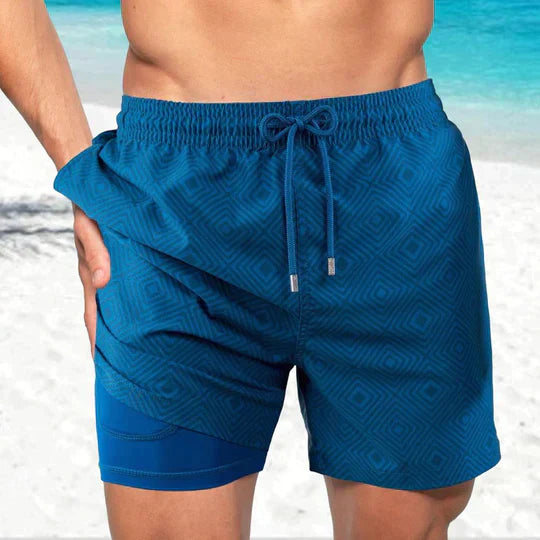 "Men's quick-dry swim shorts with inner compression, bold tropical print, two-tone detail, drawstring waist for secure fit."