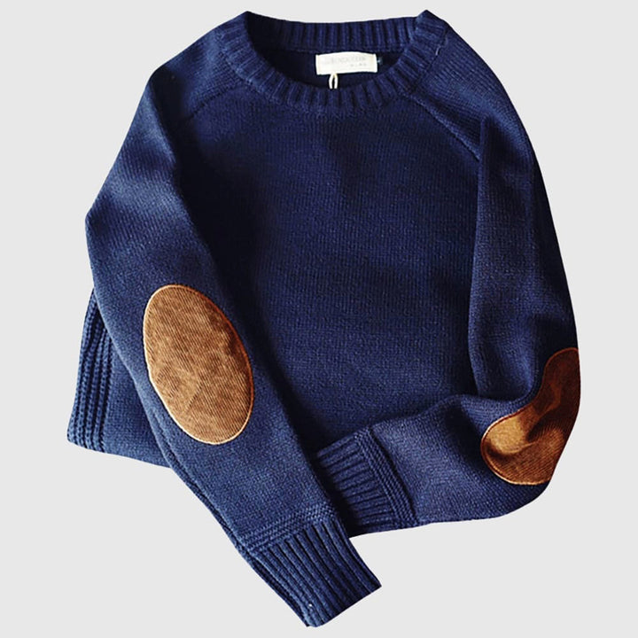 Men's regular fit wool blend sweater with elbow patch, showcasing a classic design ideal for smart-casual or relaxed looks.
