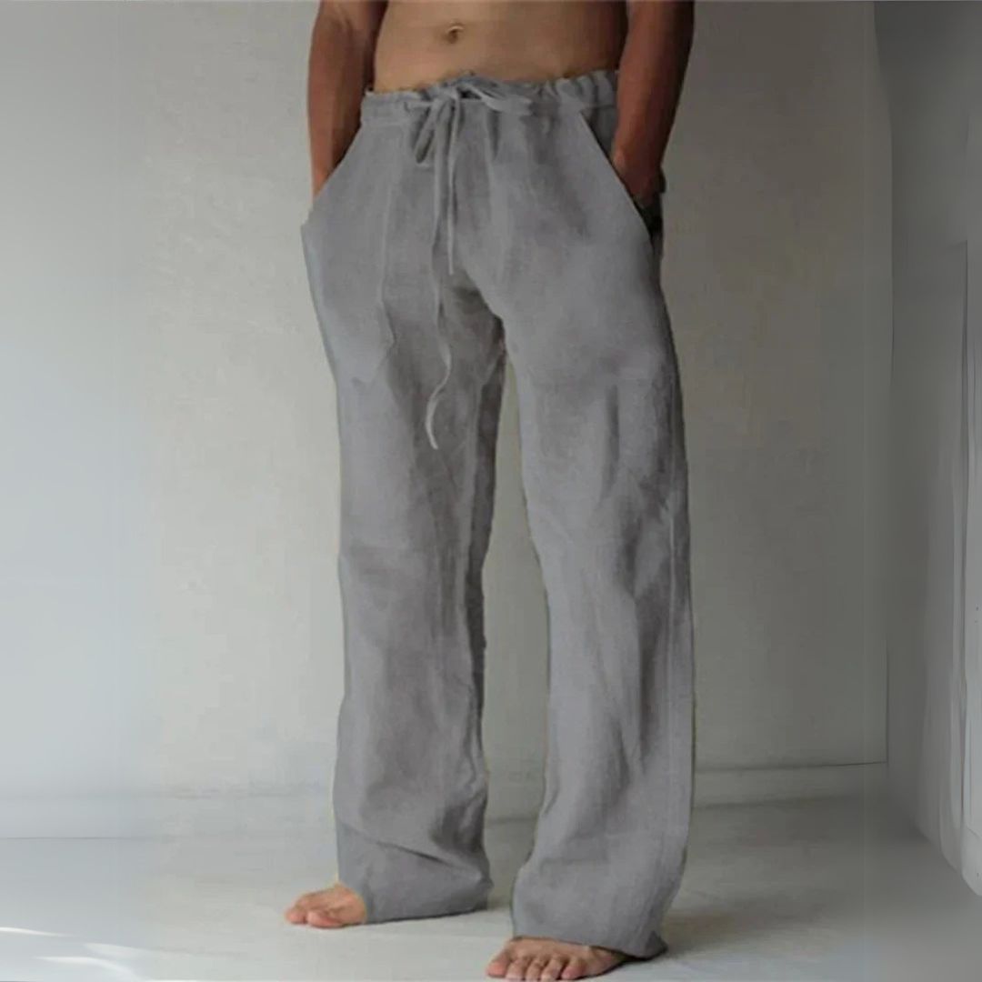 "Men's relaxed fit casual linen lounge pants; adjustable waist, versatile design, side pockets, ideal for leisure and outings