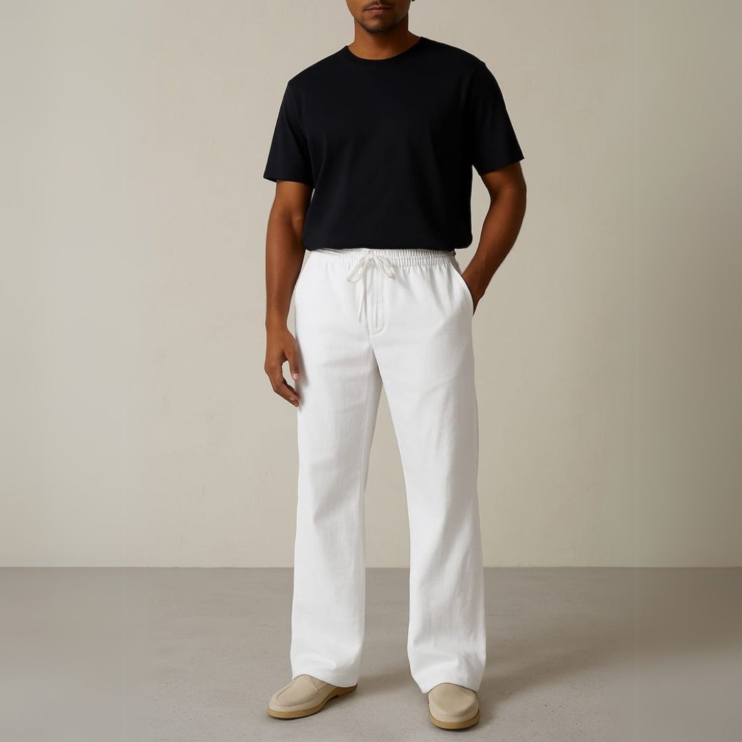"Men's relaxed fit casual linen lounge pants; adjustable waist, versatile design, side pockets, ideal for leisure and outings