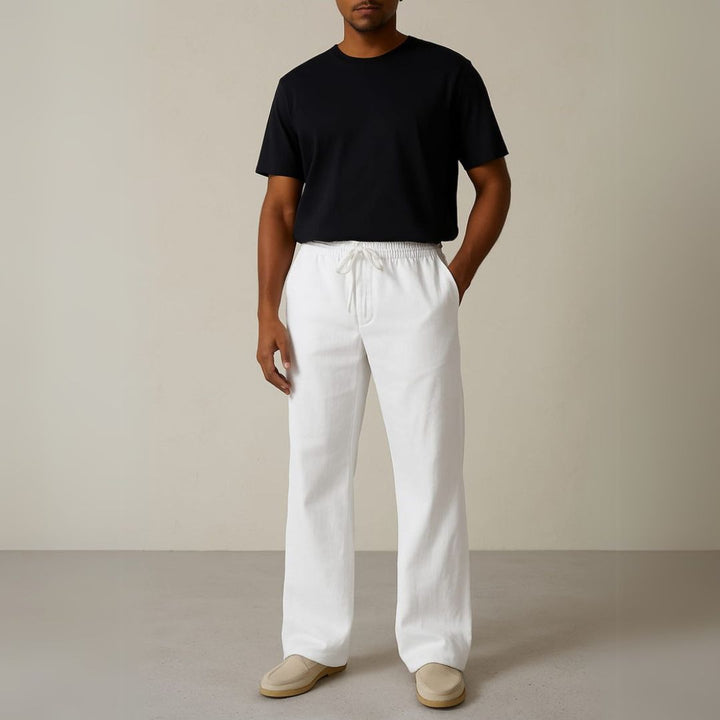 "Men's relaxed fit casual linen lounge pants; adjustable waist, versatile design, side pockets, ideal for leisure and outings