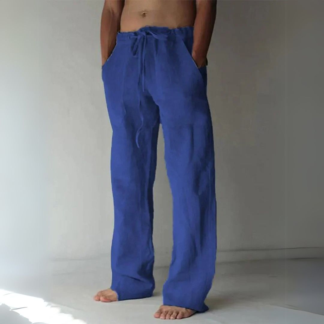 "Men's relaxed fit casual linen lounge pants; adjustable waist, versatile design, side pockets, ideal for leisure and outings