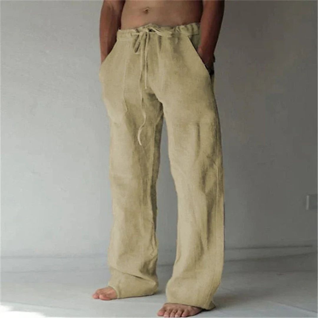 "Men's relaxed fit casual linen lounge pants; adjustable waist, versatile design, side pockets, ideal for leisure and outings