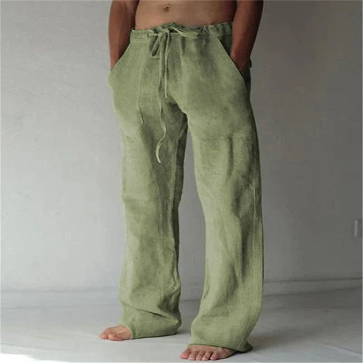 "Men's relaxed fit casual linen lounge pants; adjustable waist, versatile design, side pockets, ideal for leisure and outings