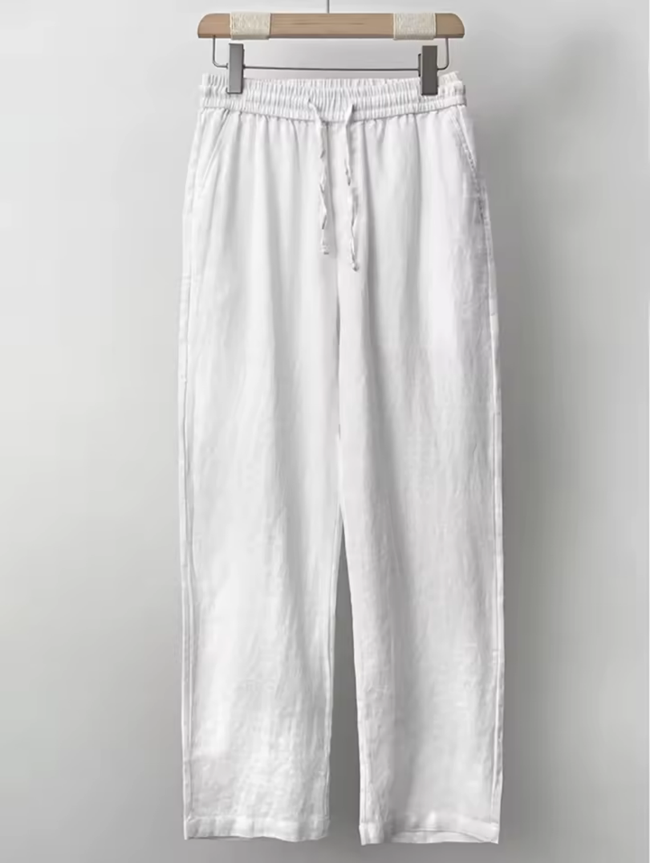 "Men's relaxed fit linen pants in beige, front view, lightweight fabric, perfect for casual and refined occasions."