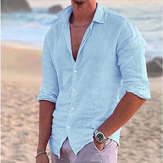 "Men's relaxed fit linen shirt, breathable and stylish, in blue, featuring lightweight, 100% linen fabric for versatile wear.