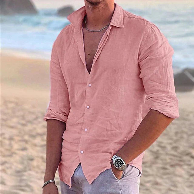 "Men's relaxed fit linen shirt, breathable and stylish, in blue, featuring lightweight, 100% linen fabric for versatile wear.